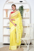 Very Much Indian Jamdhani Cotton Saree With Polka Dot Pallu - Lime Yellow - Distacart