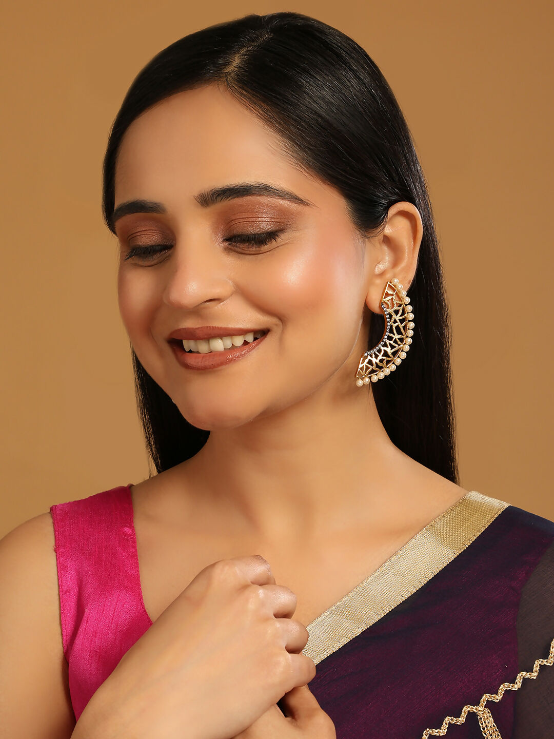 Nuyug 22K Gold-Plated Zircon Studded & Pearl Beaded Contemporary Shaped Statement Stud Earrings - Distacart