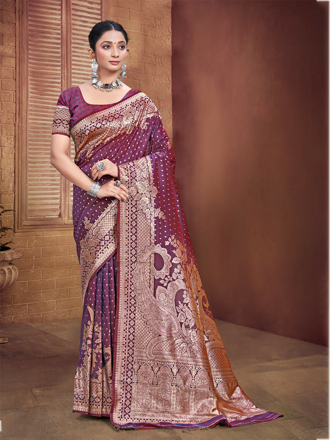 Sangam Prints Wine Silk Woven Work Traditional Saree