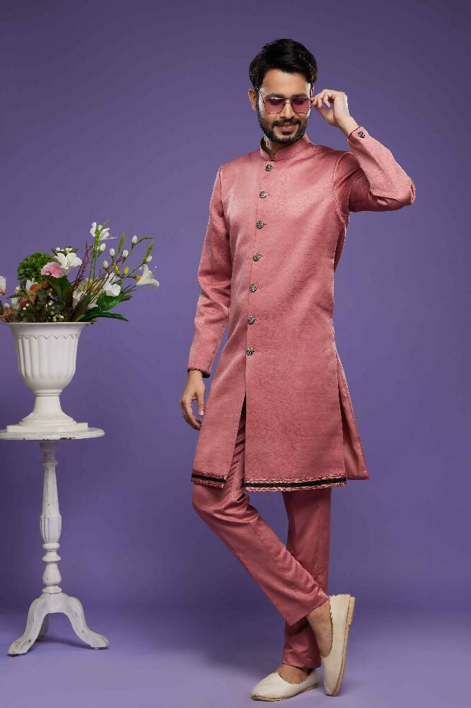 Raivat Ethnic Art Banarasi Silk Thread Work Kurta Pajama In Rust Pink Colour