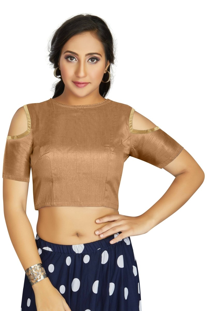 Aastha Fashion Women's Beige Art Silk Cold Shoulder Sleeve Readymade Blouse