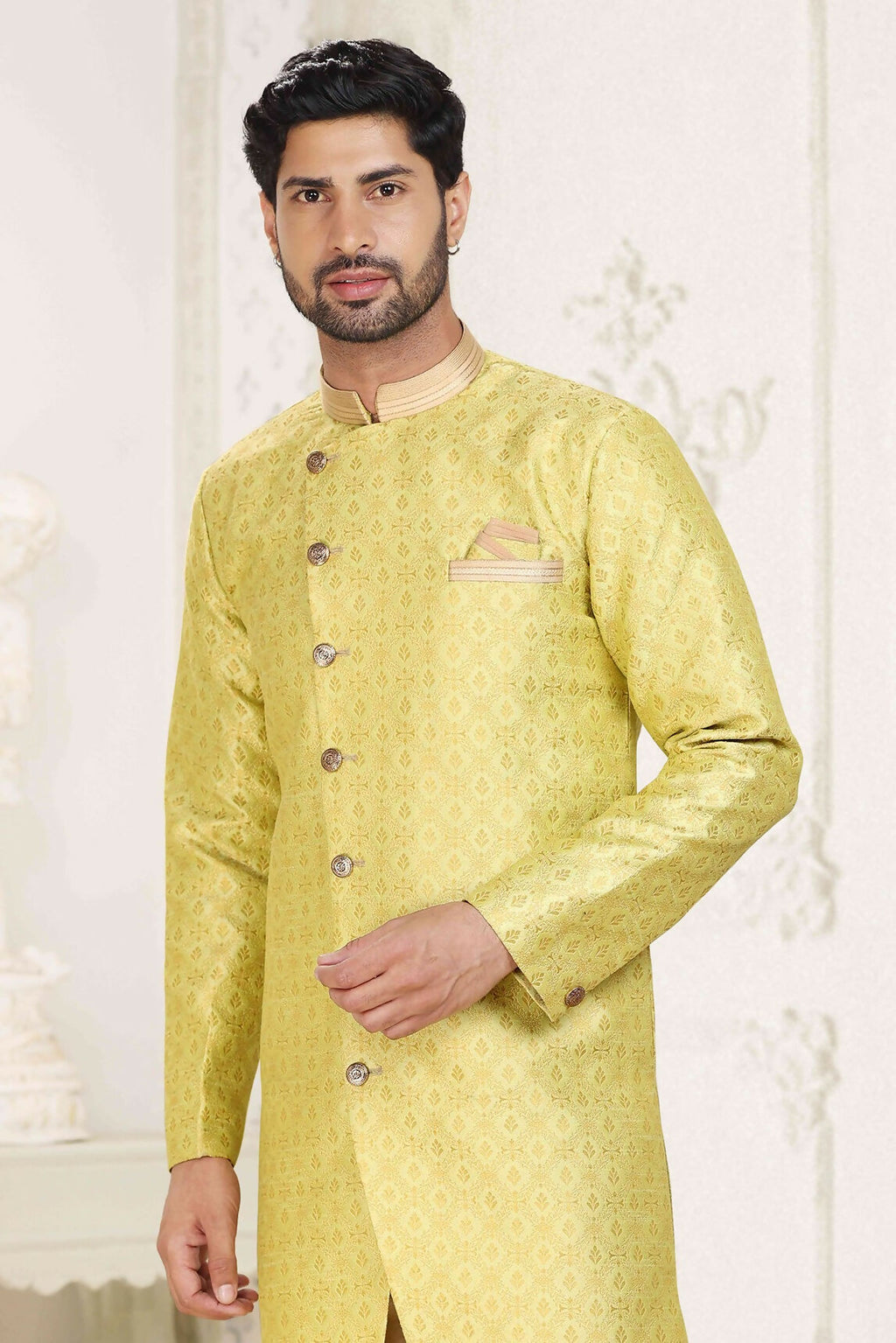 Raivat Ethnic Banarasi Jacquard Embroidery Semi Indo Western Sherwani In Lemon Yellow Colour