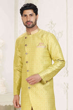 Raivat Ethnic Banarasi Jacquard Embroidery Semi Indo Western Sherwani In Lemon Yellow Colour