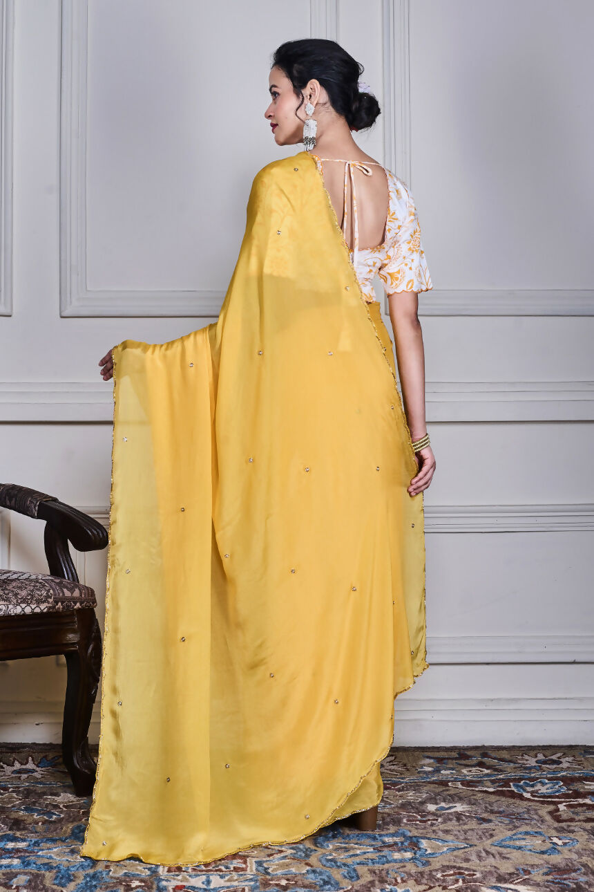 Morchari Yellow Chiffon Hand Embroidery Saree And Stitched Blouse - Distacart