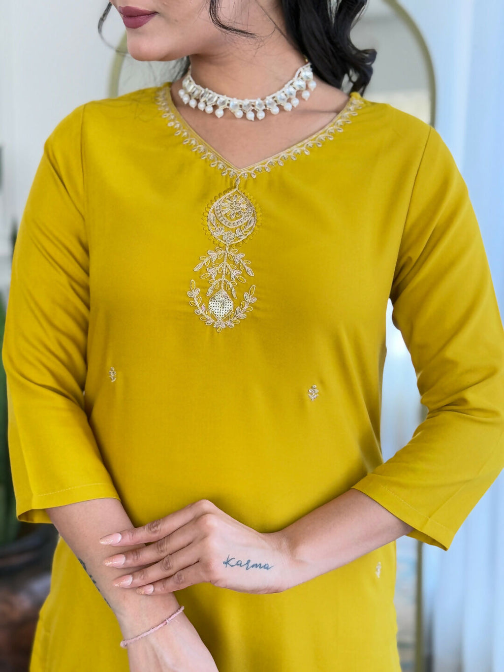 The52 Yellow Women's Beautiful Embroidered Rayon Fabric with Straight Kurta, Pant and Dupatta Set - Distacart