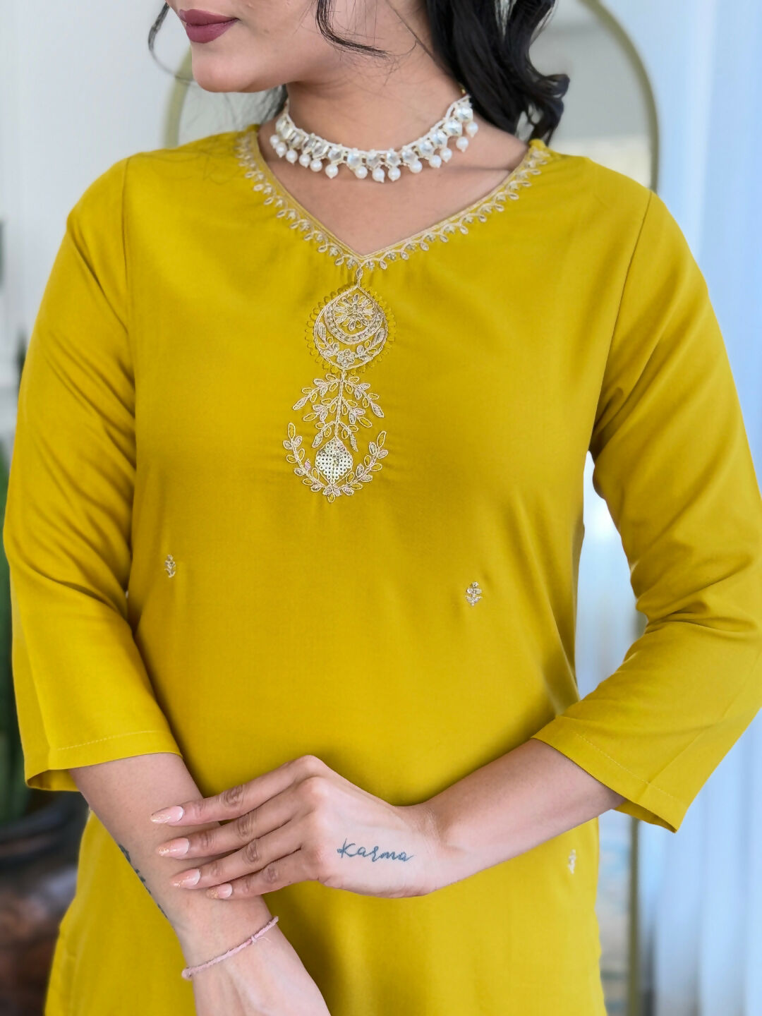 The52 Yellow Women's Beautiful Embroidered Rayon Fabric with Straight Kurta, Pant and Dupatta Set - Distacart