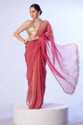 Rust Satin Gold Organza Solid Designer & Lace Work Saree - Samaa