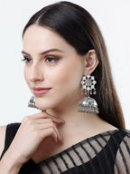 NVR Women Silver Mirror Oxidised Brass-Plated Jhumka Earrings - Distacart