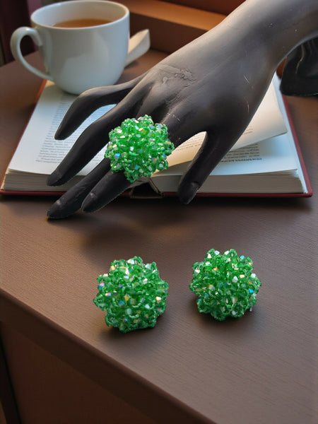 Inhanns Rangmani Crystal Duo – Adjustable Ring + Statement Earrings Set - Pista Green