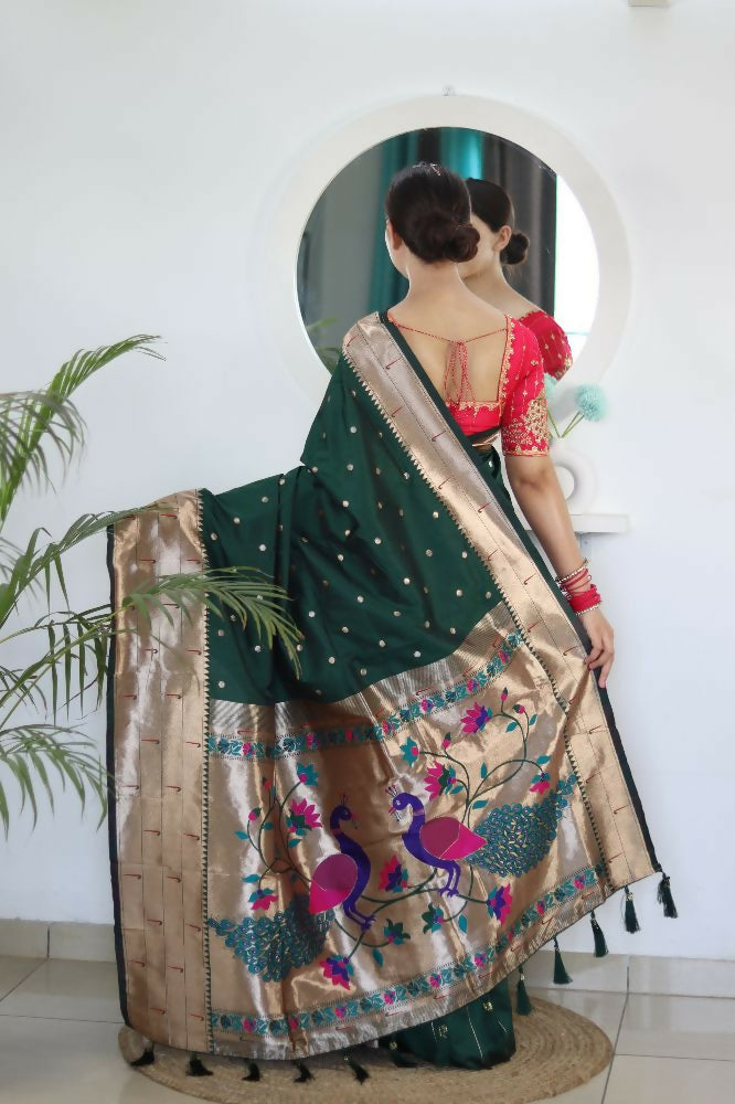 Green Woven Jacquard Designer Embroidery Work Party Wear Saree - Parampara