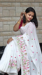 Exclusive Collection White Pure Cotton Handloom Embroidered Saree