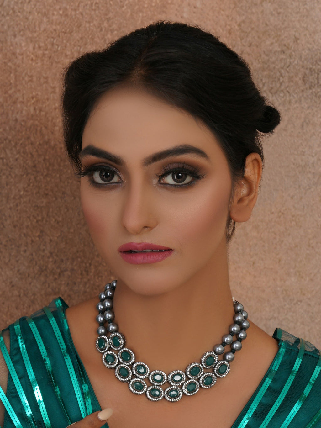 Green Stone Kundan Neckpiece with Grey Stones (Grey) - Ruby Raang