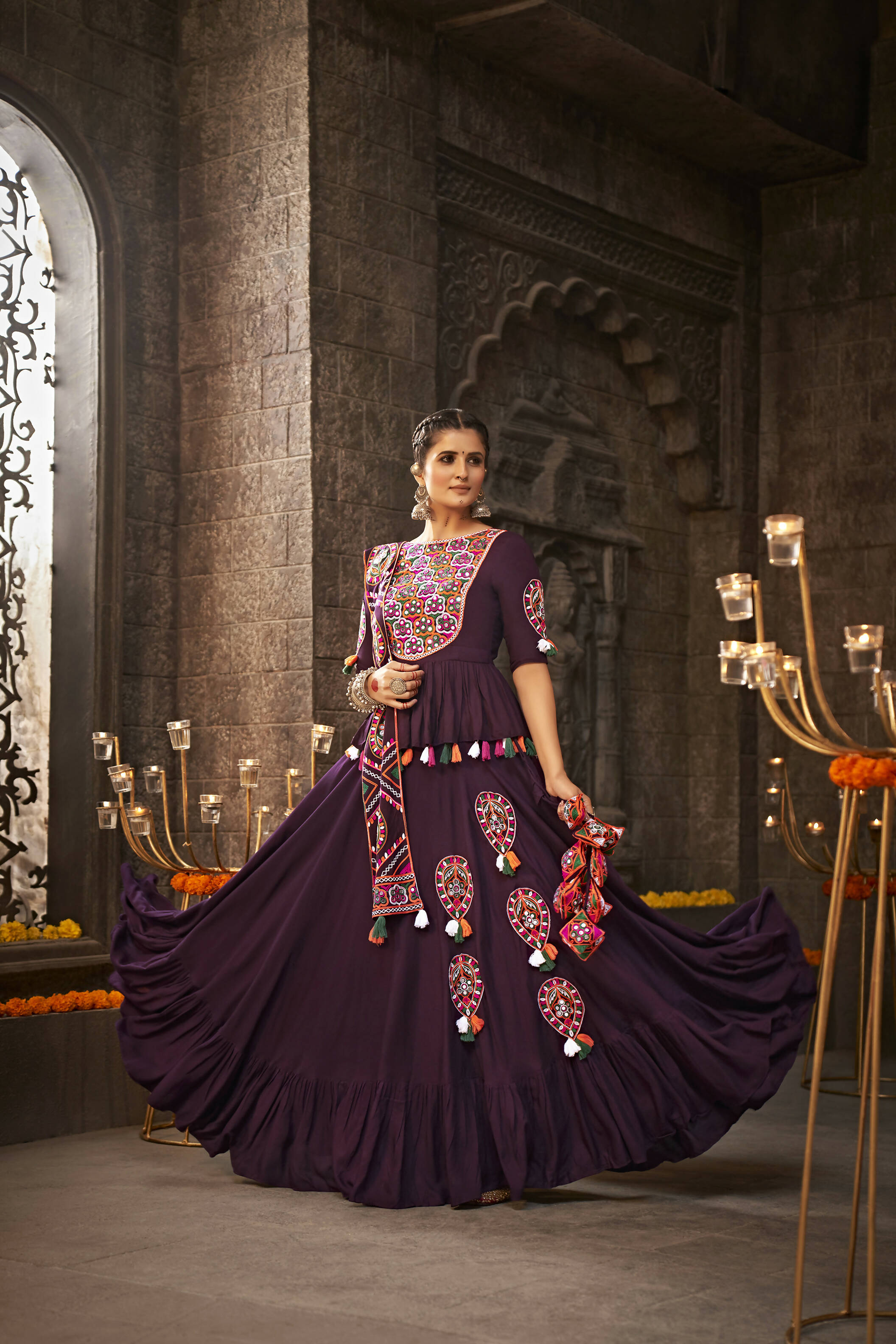 Purple Viscose Rayon Thread Embroidered Navratri Lehenga Choli with Dupatta - Raas