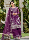 Violet Purple Stone & Cording Work Festive Palazzo Suit - Emponline