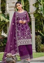 Violet Purple Stone & Cording Work Festive Palazzo Suit - Emponline