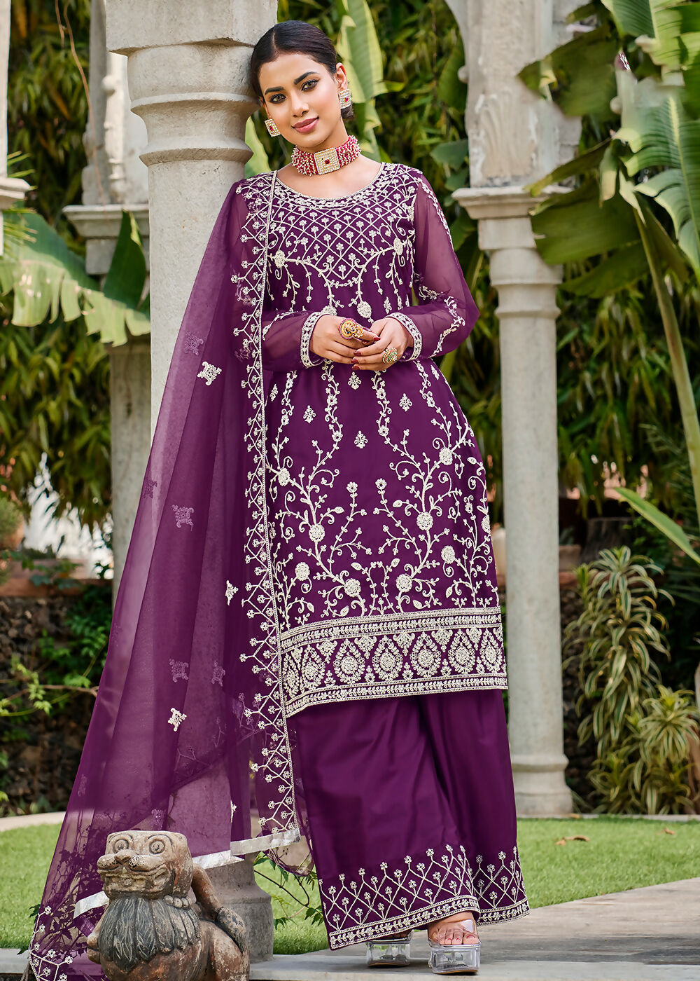 Violet Purple Stone & Cording Work Festive Palazzo Suit - Emponline