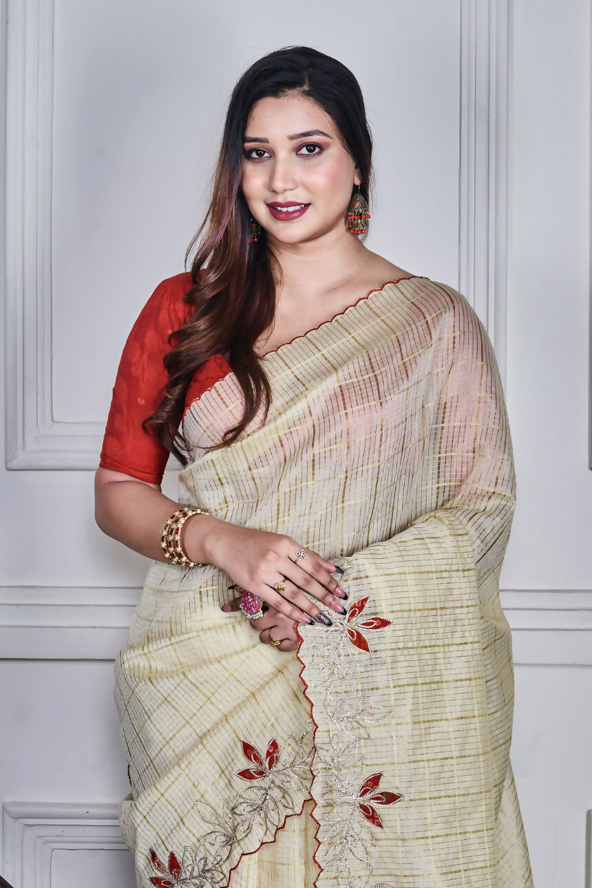 Morchari Beige Kota Check Zari Embroidery Saree Unstitched Blouse - Distacart