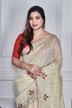 Morchari Beige Kota Check Zari Embroidery Saree Unstitched Blouse - Distacart