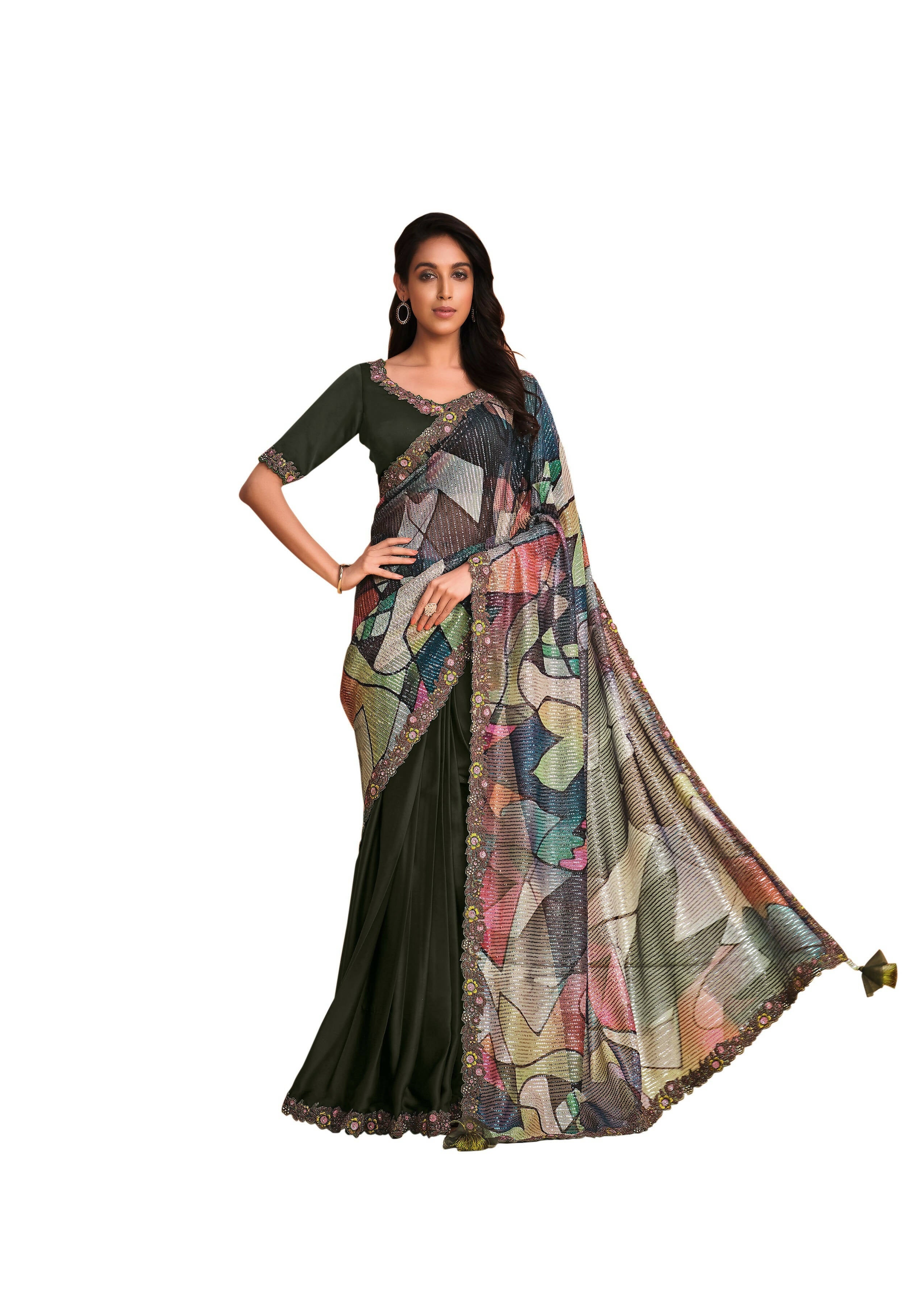 Green Satin Crepe Silk Sequence Embroidered Saree With Unstitched Blouse - Mohmanthan Yavanika
