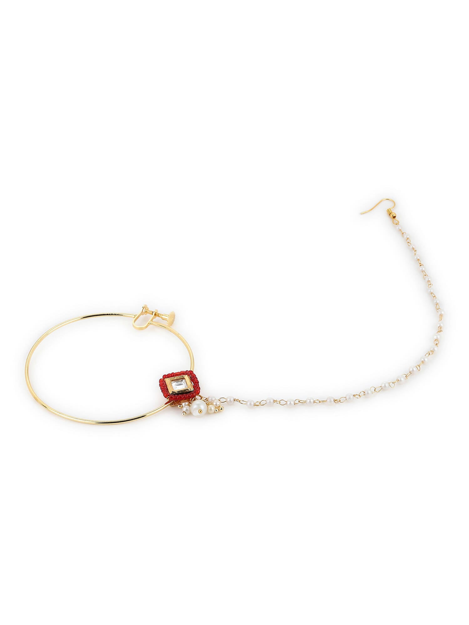 White Red Gold-Plated Kundan-Studded Beaded Nosepin - Ruby Raang - Distacart