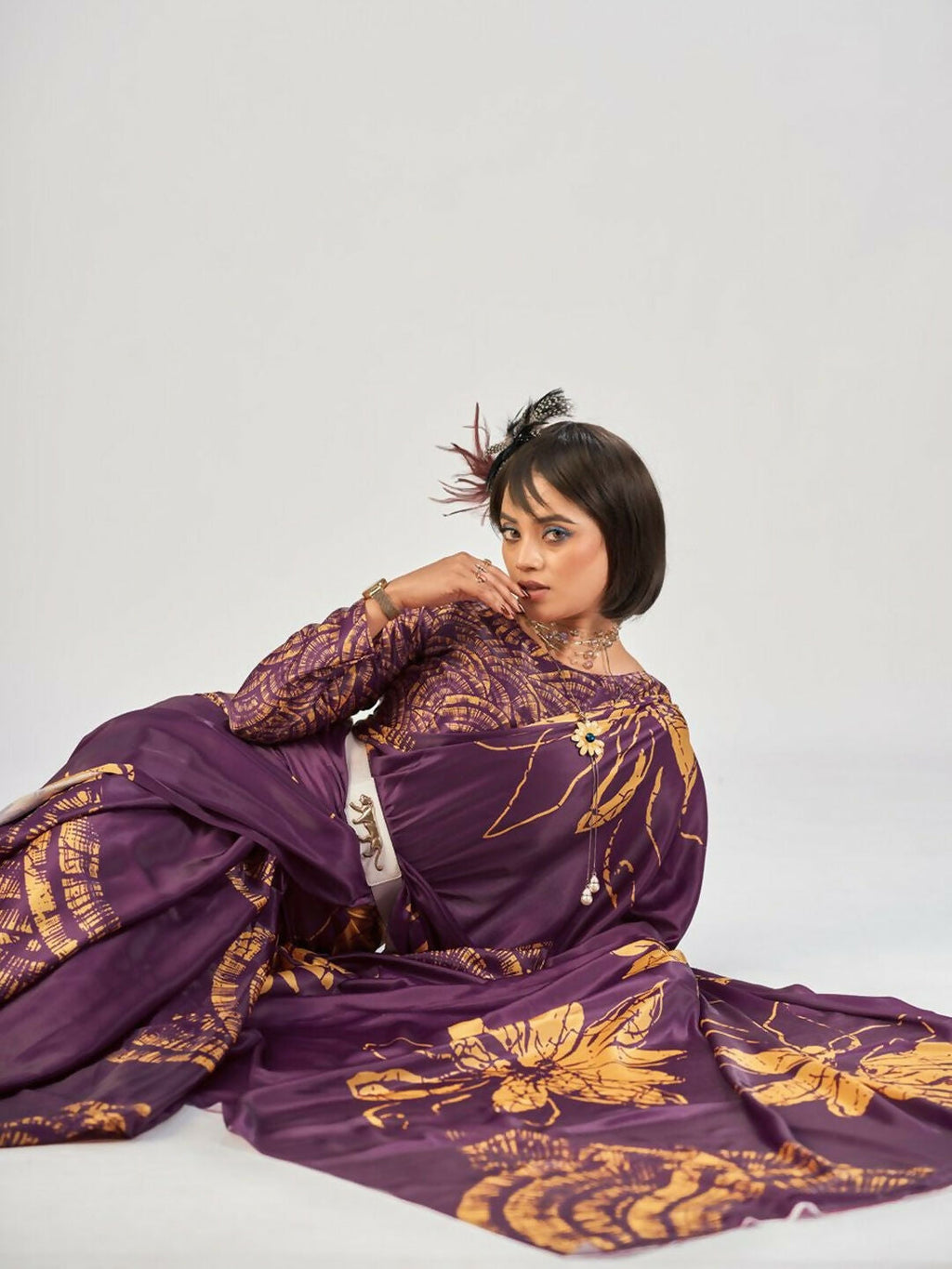 Vastranavya Wine Satin Silk Elegant Printed Saree with Unstitched Blouse - Distacart