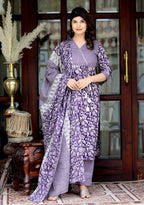 Miravan Women's Floral Block Printed Purple Angrakha Kurta And Palazzo With Dupatta Set