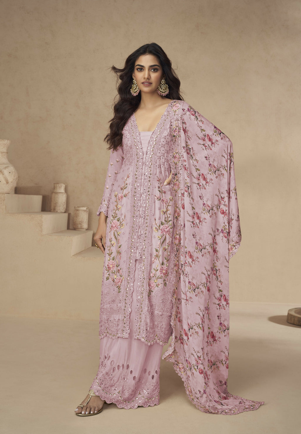 Anaita Rani-Pink Chinon Readymade Suit with Embroidery Sequence Work - Distacart