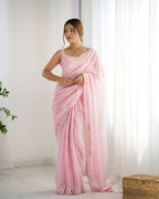 Georgette Designer Sequance Embroidery Work Party Wear Saree - Pink
