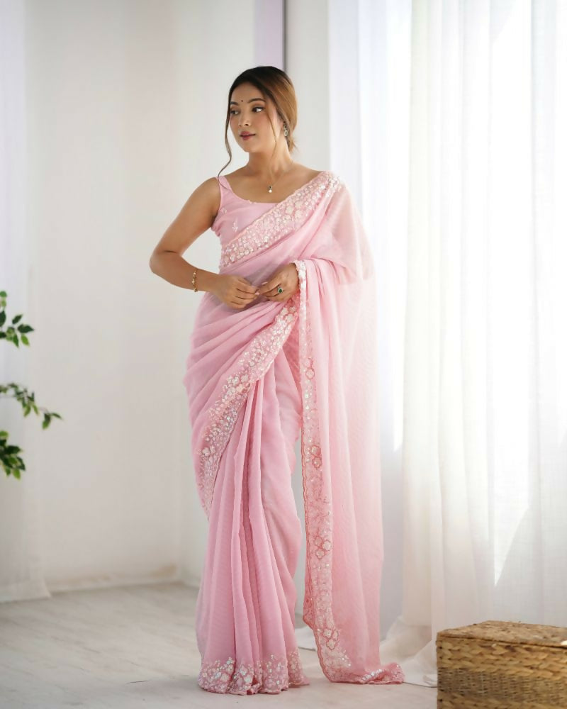 Georgette Designer Sequance Embroidery Work Party Wear Saree - Pink