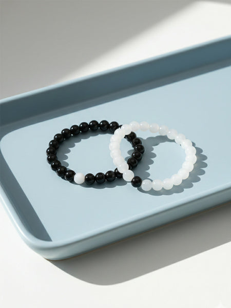 NVR Set of 2 Black & White crystal beaded Bracelet for Men & Women