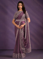 Light Purple Crepe Satin Silk Embroidered Saree With Stitched Blouse - Mohmanthan Exotica