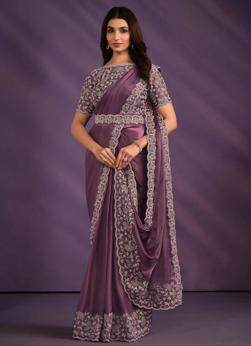 Light Purple Crepe Satin Silk Embroidered Saree With Stitched Blouse - Mohmanthan Exotica