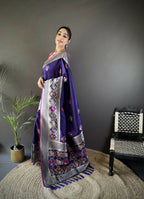 Joban Fashion Royal Blue Elephant & Floral Motifs Soft Lichi Silk Banarasi Saree - Distacart