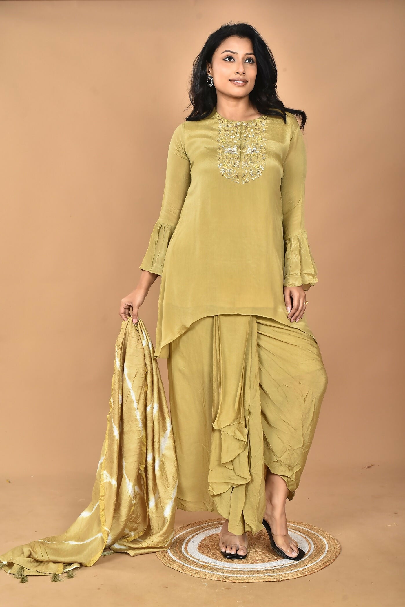 Morchari Women And Hand Embroidery Palazzo Set-Mehandi Green