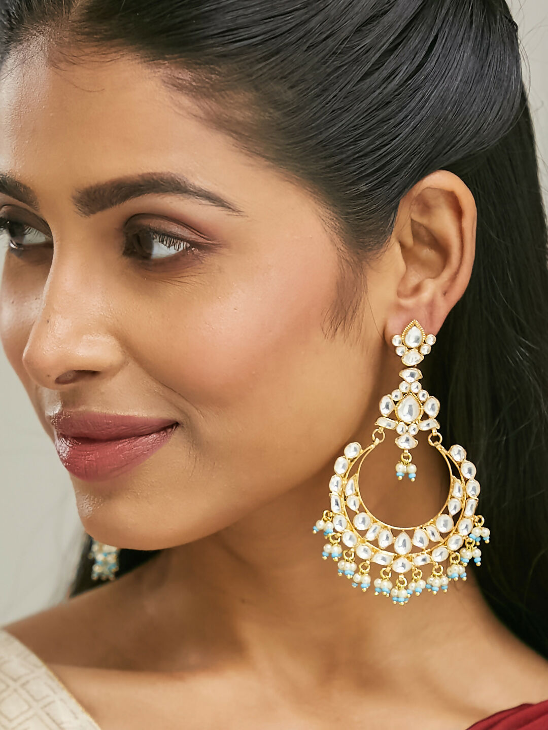 Nuyug 22K Gold-Plated Kundan Stone Studded & Pearl Beaded Chandbalis - Distacart