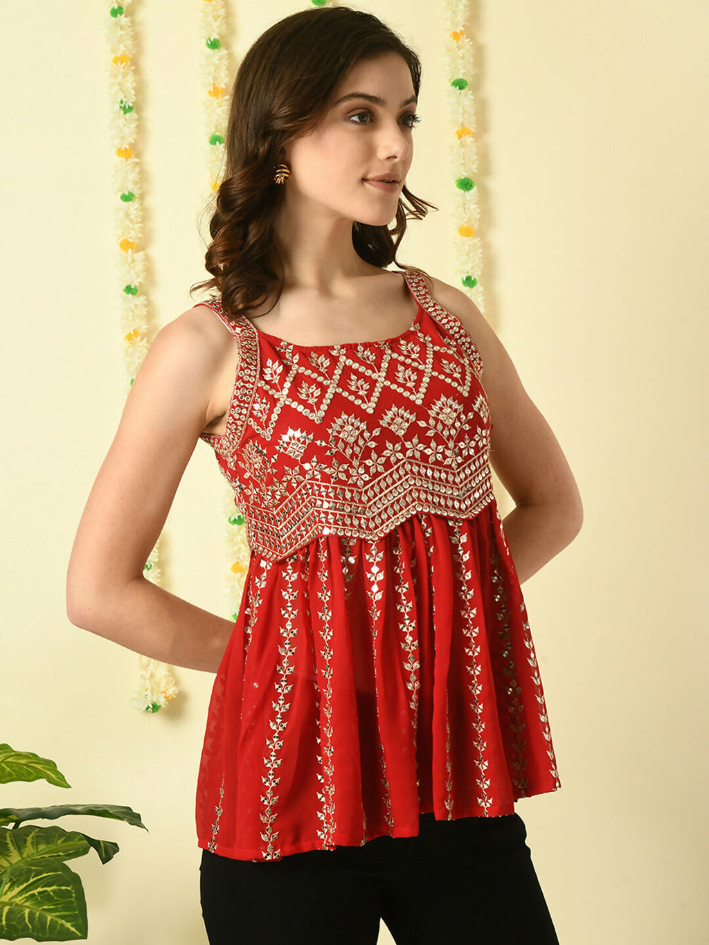 Myshka Women's Red Embroidered Party Fusion Top