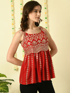 Myshka Women's Red Embroidered Party Fusion Top