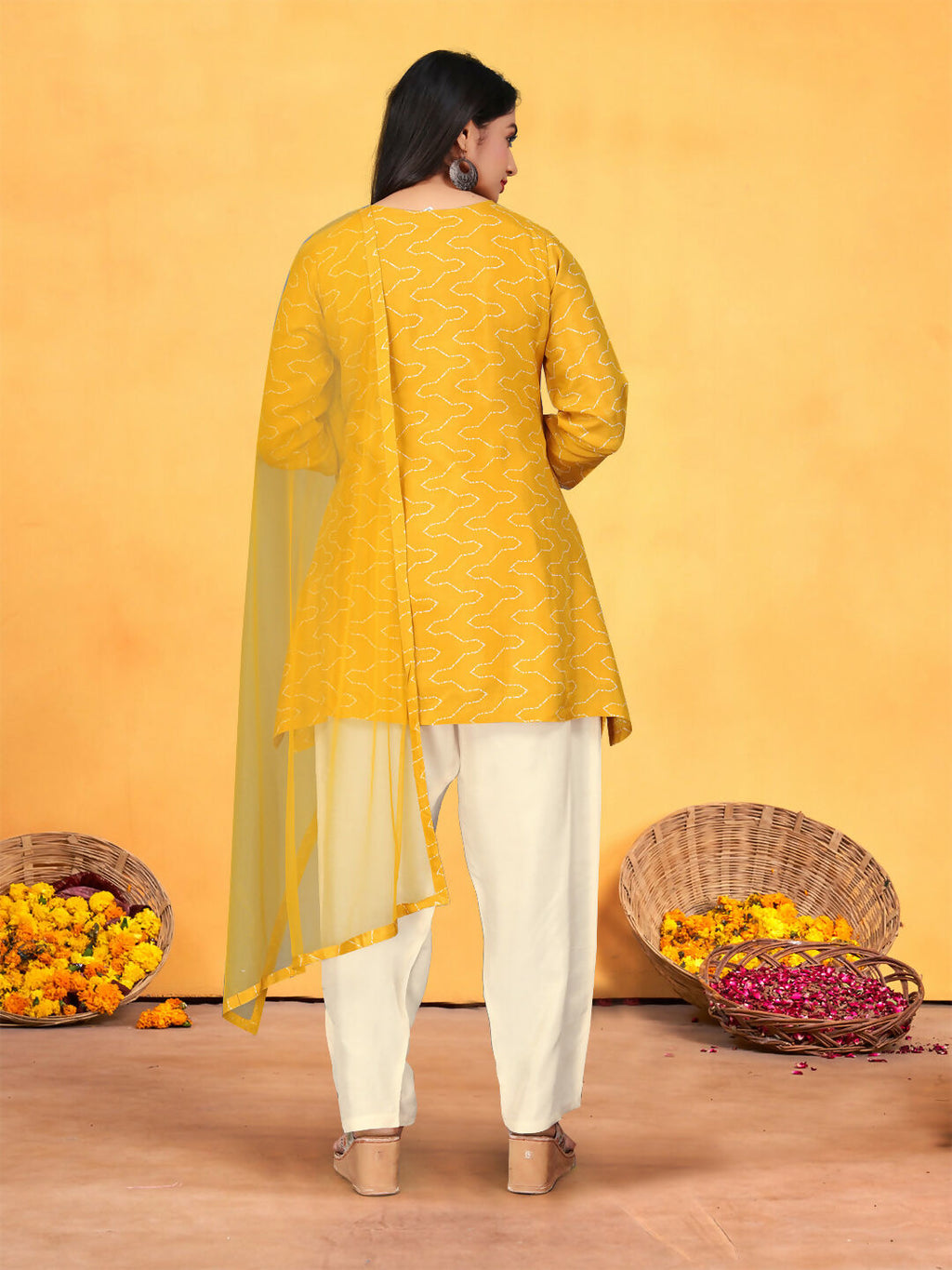 Joban Fashion Mustard Cotton Premium Pure Viscose Print Dola With Handwork Kurta set