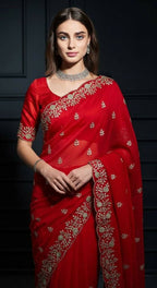 Joban Fashion Red Fandy Satin Silk Party Wear Sarees - Distacart