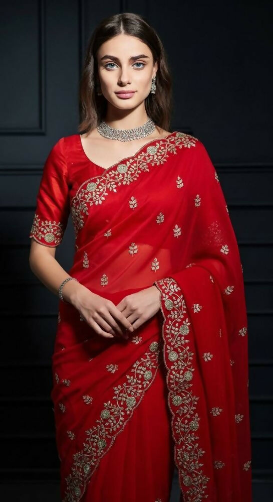 Joban Fashion Red Fandy Satin Silk Party Wear Sarees - Distacart