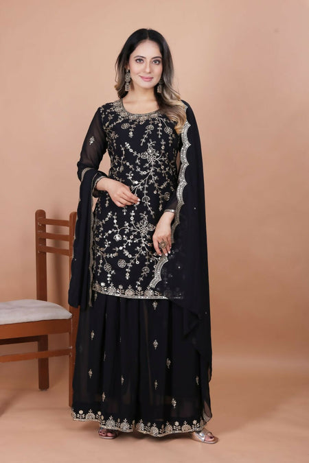 Teeya Creation Black Color Faux Georgette Embroidery Work Wedding Wear Palazzo Set