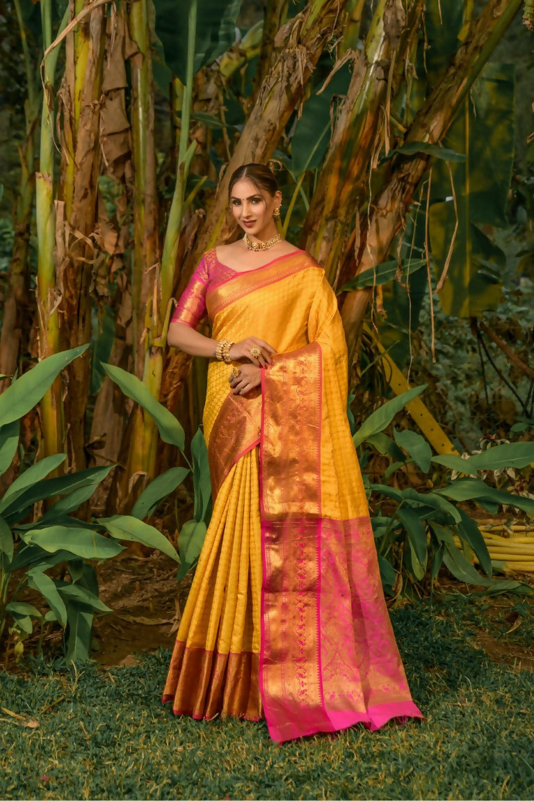 Jyoti Fashion Women's Yellow Kanjivaram Silk Zari Woven Saree with Blouse