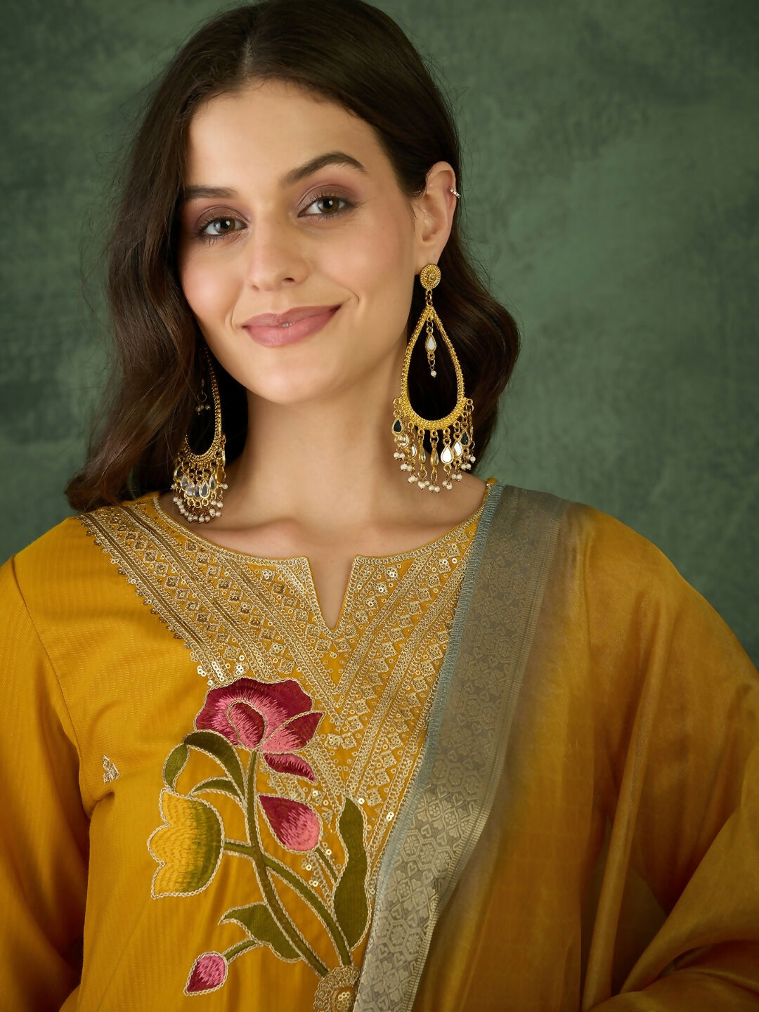 The52 Mustard Women's Beautiful Rayon Fabric Embroidered Work Straight Kurta, Pant and Dupatta Set - Distacart