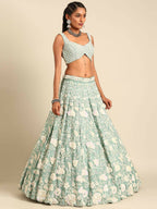 House of Panchhi Sea Green Chinon Sequins and Zarkan embroidery Lehenga choli & Dupatta