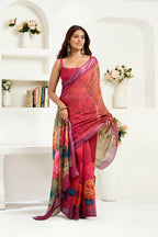 Joban Fashion  Onion Pink Floral Linen Ready To Wear Saree With Unstitched Blouse - Distacart