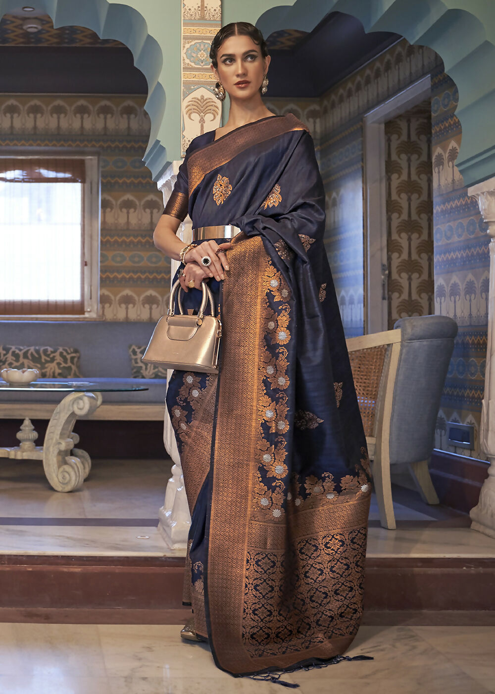 Navy Blue Tussar Banarasi Silk Designer Saree - Emponline