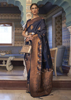 Navy Blue Tussar Banarasi Silk Designer Saree - Emponline