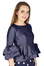 Aastha Fashion Women's Navy Blue Art Silk Bell Sleeves attire with Poly Cotton Lining Blouse