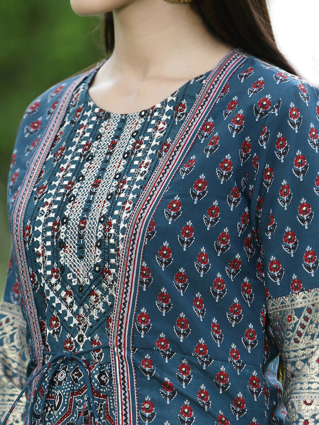 Juniper Women Teal Chanderi Festive Printed Tiered Kurta - Distacart