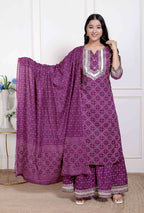 Miravan Magenta Embroidered Cotton Kurta with Palazzo and Dupatta